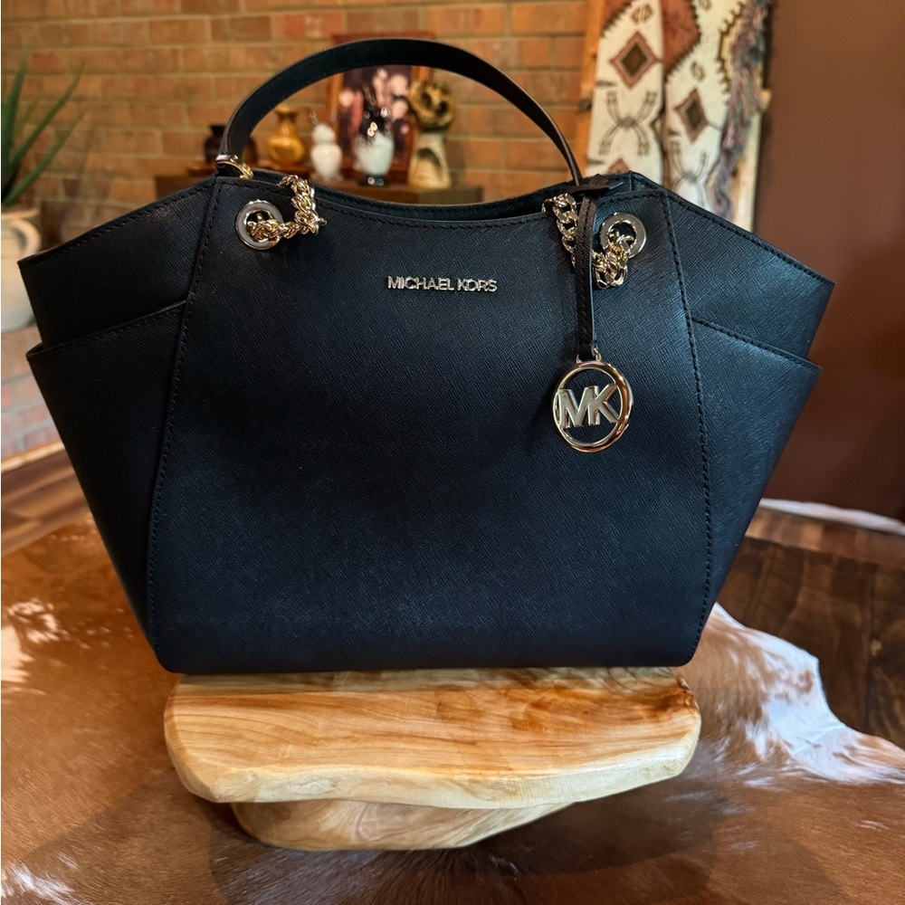 Michael Kors Black Leather Satchel with Gold Accents New Without Tags